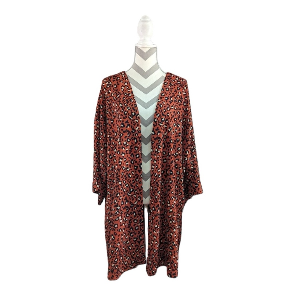 ‼️EVRI Plus Size Rust Orange Leopard Print Flowy Boho Long Kimono Cardigan 3X‼️